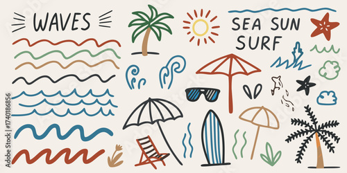 Hand drawn beach elements collection with waves sun palm trees surfboard and umbrellas