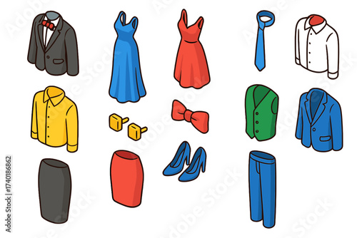 Formal Wear Icons. Isometric vector illustration set Formal wear: tuxedo, evening gown, cocktail dress, dress shirt, tie, bow tie,