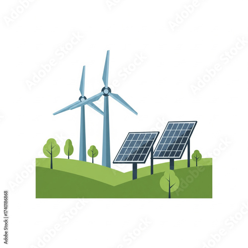 Solar panels and wind turbines in green field