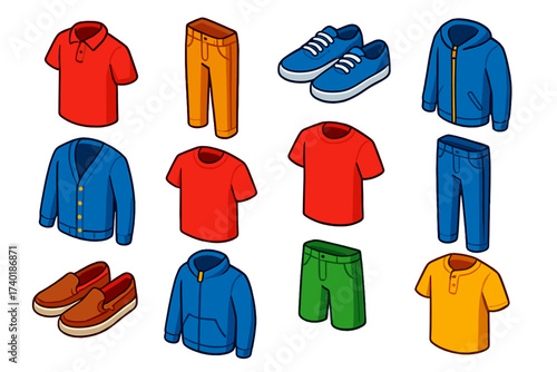 Bold Casual Wear Icons. Isometric vector illustration set Casual wear: polo shirt, chinos, sneakers, cardigan, t-shirt, denim