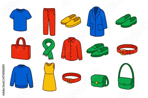 Minimalist Fashion Icons. Isometric vector illustration set Minimalist fashion: plain t-shirt, straight-leg trousers, slip-on