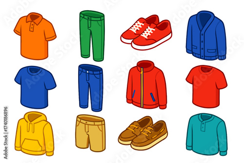 Bold Casual Wear Icons. Isometric vector illustration set Casual wear: polo shirt, chinos, sneakers, cardigan, t-shirt, denim