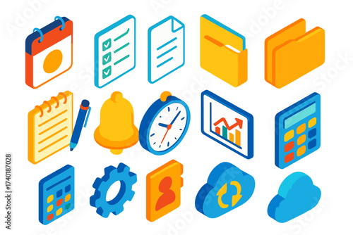 Executive Planner Icons. Isometric vector icon set executive planner: calendar date, checklist, document file, folder, notepad pen