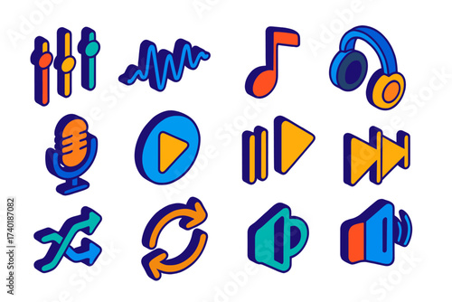 Audio Icon Set. Isometric vector icon set audio mixing: equalizer, volume wave, music note, headphones, podcast mic, play button,