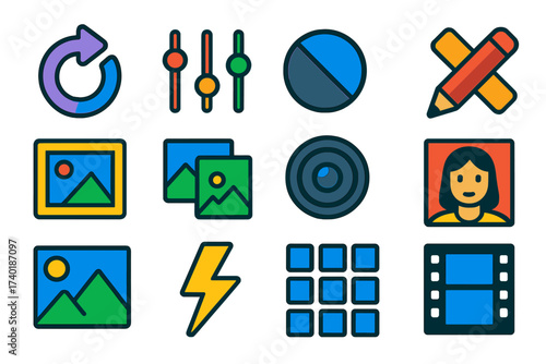 Vibrant Photo Icons. Isometric vector icon set photo adjustments: rotate arrow, filter sliders, contrast circle, edit pencil,