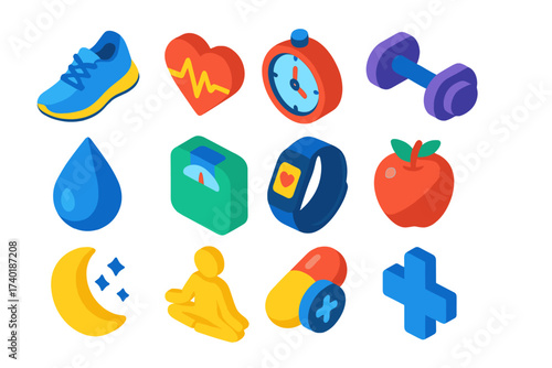 Sports Icon Set. Isometric vector icon set sports and recovery: running shoe, heart rate, workout timer, dumbbell, water drop,