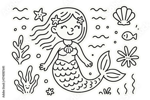 Mermaid Doodle Stickers. Vector doodle stickers: mermaid with starfish hairpins, shell necklace, sea plants with faces, playful
