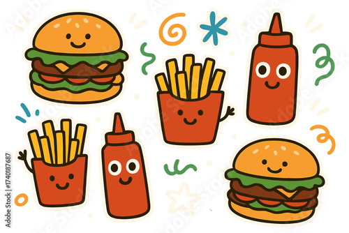 Playful Food Stickers. Yummy doodle stickers: hamburgers with happy faces, french fries waving, ketchup bottles with eyes, playful