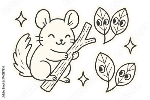 Chinchilla Tree Hug. Cute doodle stickers: chinchilla hugging a branch, leaves with eyes, sparkles around, playful doodle style,