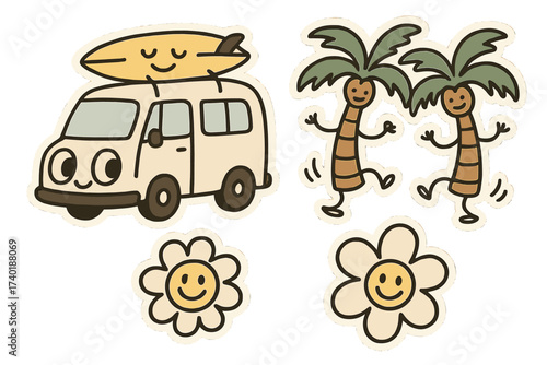 Whimsical Camper Doodle. Whimsical doodle stickers: camper van with eyes, surfboard smiling on the roof, palm trees dancing,