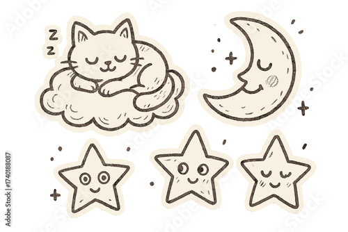 Dreamy Cat Stickers. Charming doodle stickers: cat sleeping on a cloud, moon smiling, stars with eyes, dreamy doodle style, white