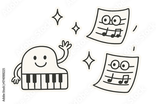 Playful Music Doodles. Playful doodle stickers: happy piano keys waving, floating music sheets with eyes, sparkles around,