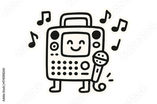 Karaoke Doodle Stickers. Playful doodle stickers: karaoke machine with happy screen, singing notes around, doodle charm,
