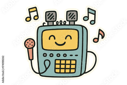 Karaoke Doodle Stickers. Playful doodle stickers: karaoke machine with happy screen, singing notes around, doodle charm,