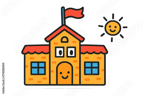 Cheerful School Stickers. Bright doodle stickers: school building with a smiling door, windows with eyes, flag waving, cheerful