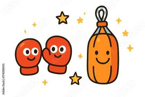 Cheerful Boxing Stickers. Bright doodle stickers: boxing gloves with eyes, punching bag smiling, tiny stars around, cheerful