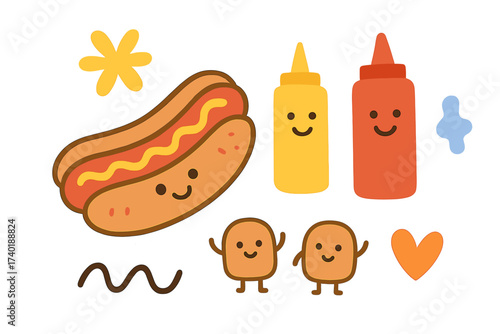 Whimsical Hot Dog Doodles. Delightful doodle stickers: hot dog with eyes, mustard and ketchup smiling, tiny buns waving,