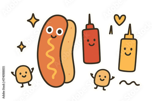 Whimsical Hot Dog Doodles. Delightful doodle stickers: hot dog with eyes, mustard and ketchup smiling, tiny buns waving,