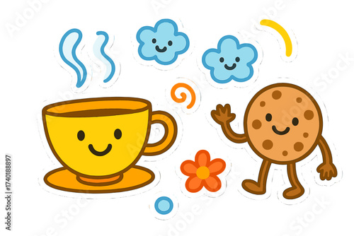 Doodle Tea Time. Bright doodle stickers: smiling tea cup, tiny steam clouds with faces, cookie waving, simplified doodle forms,