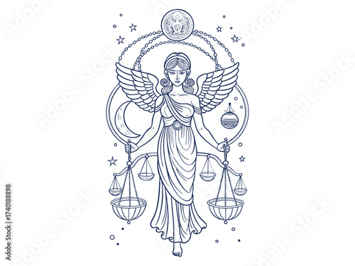 Wallpaper Mural Mystical, Elegant and celestial Libra Zodiac Sign Goddess with Scales of Justice and Astrological Elements, Line art and Silhouette illustration Torontodigital.ca