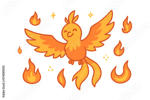 Magical Phoenix Stickers. Magical doodle stickers: smiling phoenix, tiny flames and sparks flying, simplified doodle shapes, white