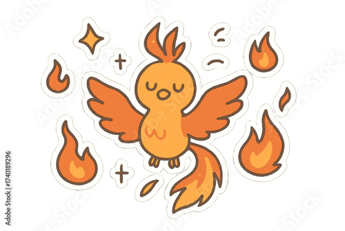 Magical Phoenix Stickers. Magical doodle stickers: smiling phoenix, tiny flames and sparks flying, simplified doodle shapes, white