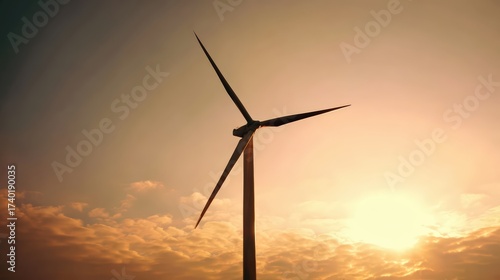 Wind turbine silhouette against a dramatic sunset sky