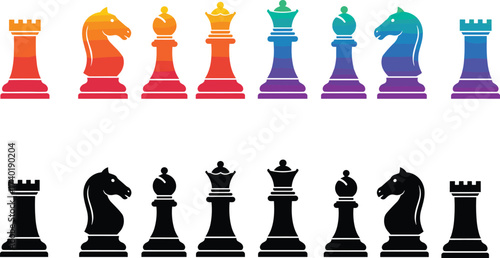 Gradient and black silhouette chess pieces, strategic board game icons, rook knight pawn queen king bishop vector design set
