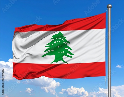 Lebanon Flag with Cedar Tree Waving Over Coastal Mountains against blue sky 