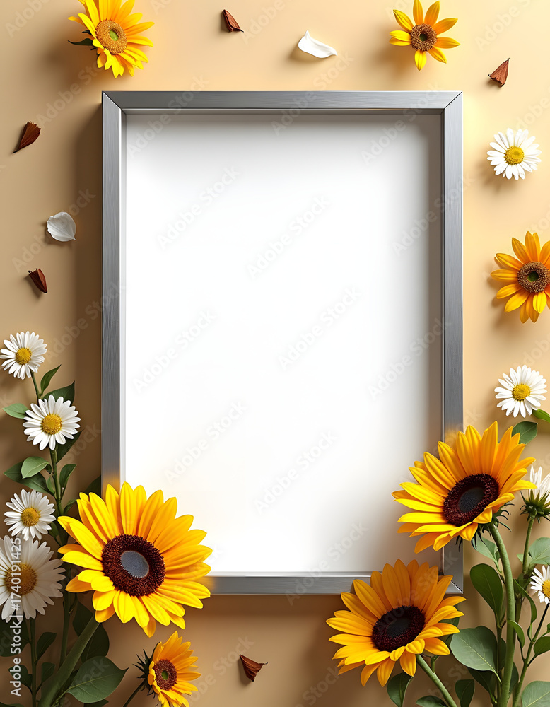 Obraz premium Floral frame with sunflowers and daisies on a beige background