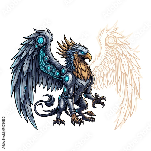 Majestic cybernetic griffin with glowing blue circuits and metallic armor, a powerful mythical creature reimagined for the future.