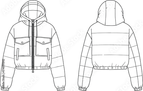 Hooded puffer jacket CAD drawing, front and back view, fashion flat sketch, technical outerwear template, vector apparel design, winter coat illustration