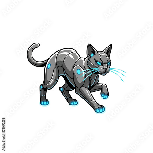 Sleek futuristic robotic cat prowls with glowing blue accents, embodying advanced technology and feline grace