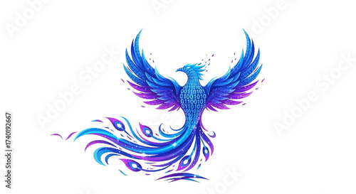 Stunning digital phoenix erupting with vibrant blue and purple binary code wings in a dynamic, modern concept