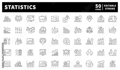 Statistics vector icons. Collection of 50 linear icon related to statistics. Data analytics and statistics.Charts, diagrams, and performance metrics icons