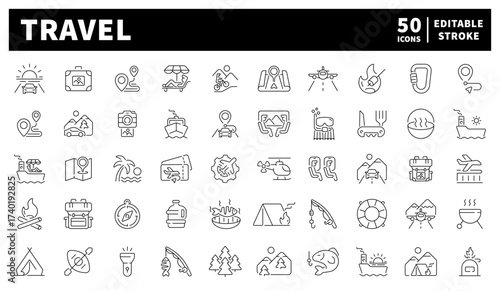 Travel icons set: editable line icons for vacation, outline and linear symbols
