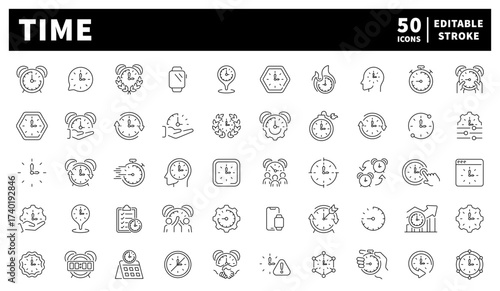 Time management icons set – editable line icons, linear, clock, countdown symbols