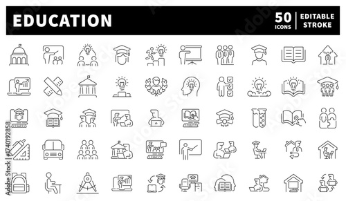 Education icons set: editable line icons, outline and academic symbols