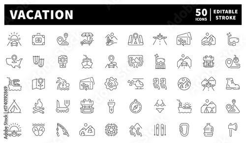 Vacation icons set: editable line icons - linear, outline, travel, holiday symbols