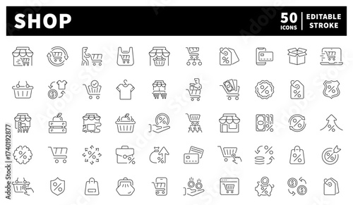 Shopping and e-commerce icons set – linear, editable line icons for retail and sales