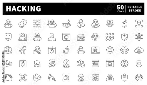 Hacking icons set - editable line icons, outline, cybersecurity symbols
