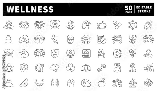 Wellness icons set – editable line icons, outline, health and relaxation graphics