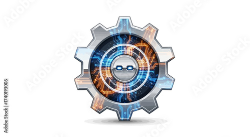 Dynamic digital gear symbolizing innovation, technology, and interconnected systems powered by futuristic circuitry and data flow