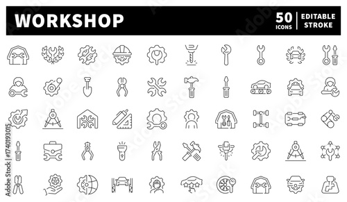 Workshop tools icons set – editable line, outline, diy and engineering symbols