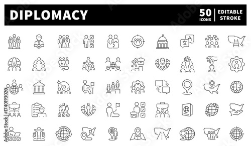 Diplomacy and international relations icons set – editable line icons, global, outline