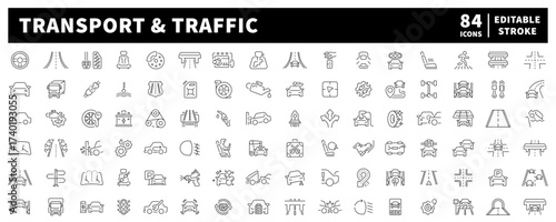 Traffic and transport vector icons in line style. Automobile vector icons in line style. Automotive icons collection. Transport related icons collection
