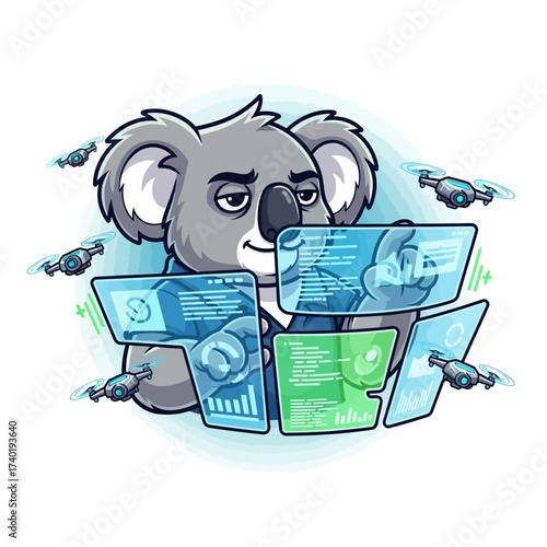 Intelligent koala analyzes drone data on futuristic holographic interfaces, embracing advanced technology and AI innovation