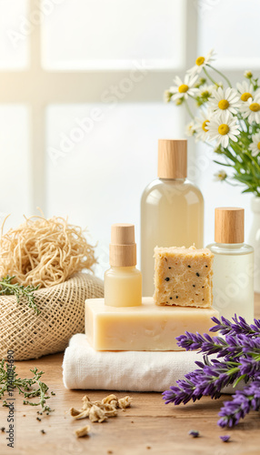 Organic skincare products arranged on wooden table with flowers  
