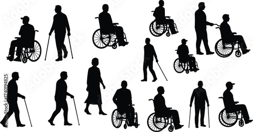 Silhouette collection of people with disabilities using wheelchairs, walking sticks, and crutches, inclusive vector illustration for healthcare, medical