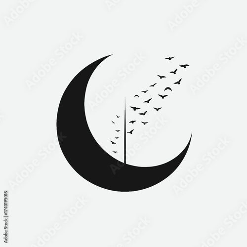 Black silhouette of a crescent moon with birds flying upward  